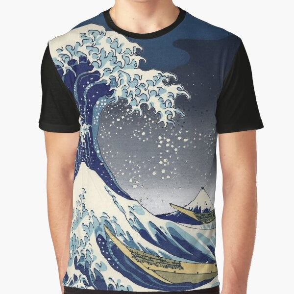 Image of the Great Wave off Kanagawa, a famous woodblock print by the Japanese artist Hokusai, featured on a vintage-style graphic t-shirt.