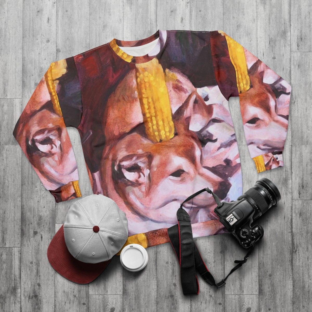 Corn dog sweatshirt with dank meme design - flat lay