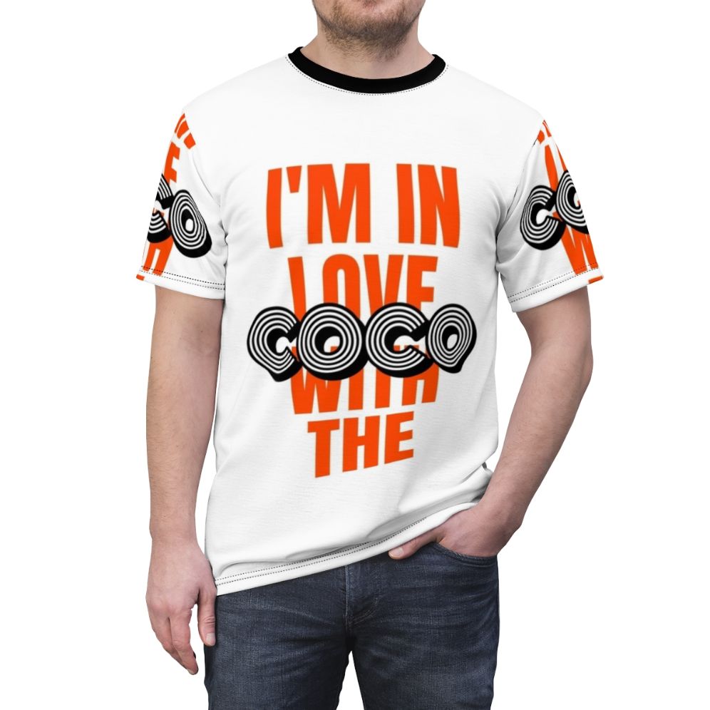 Stylish AOP T-shirt featuring a cool design inspired by the popular "Im in Love with the Coco" song and Conan O'Brien's Team Coco brand. - men front