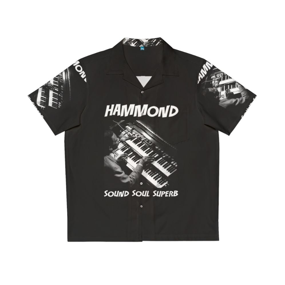 Vintage Hawaiian shirt with abstract art design and Hammond organ imagery