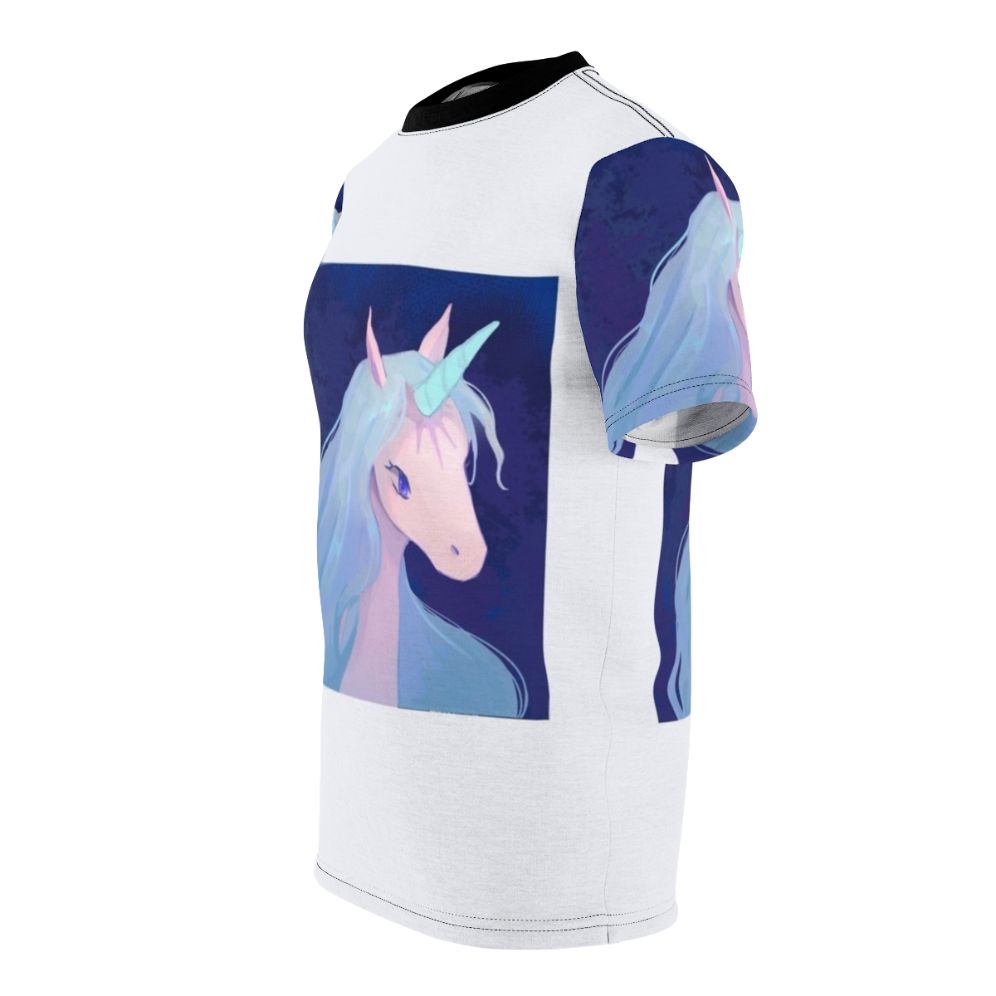 Whimsical illustration of the iconic unicorn from the classic fantasy film "The Last Unicorn" on a high-quality t-shirt. - men left