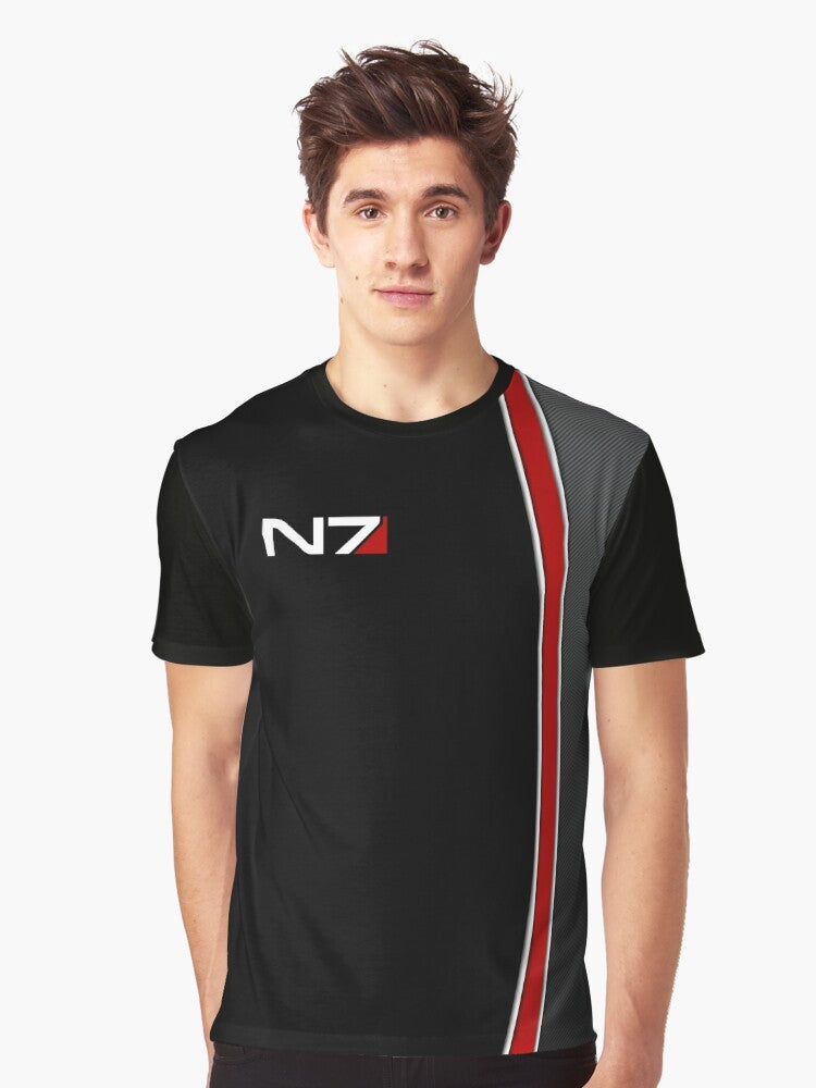 Mass Effect N7 Emblem Graphic T-Shirt featuring the iconic N7 logo and Commander Shepard from the Bioware game series - Men