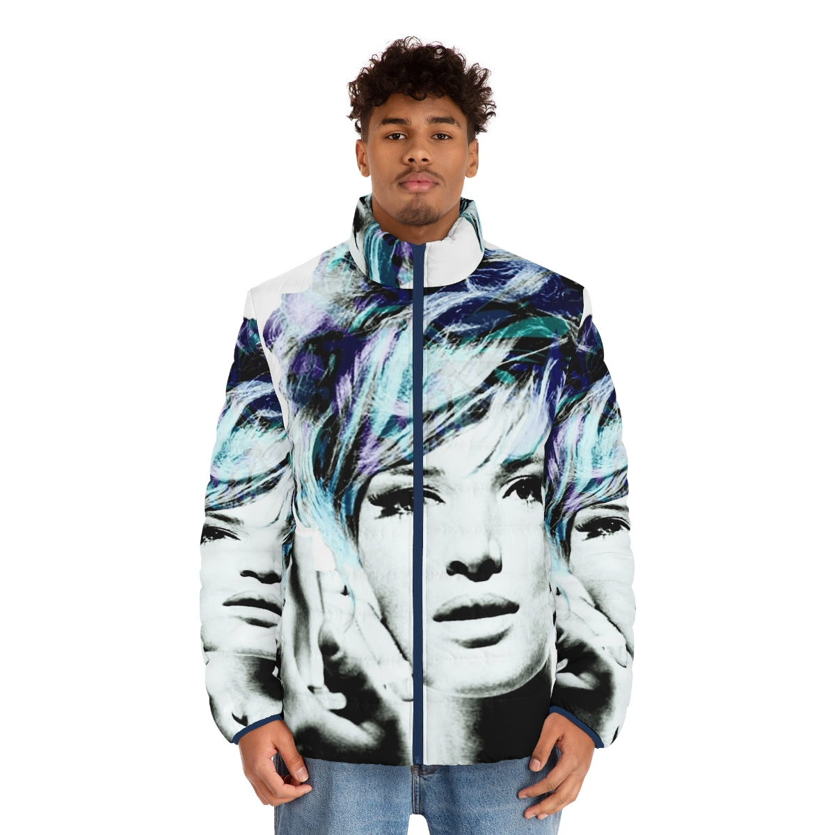 Monica Vitti inspired pop art puffer jacket in blue and purple - men front