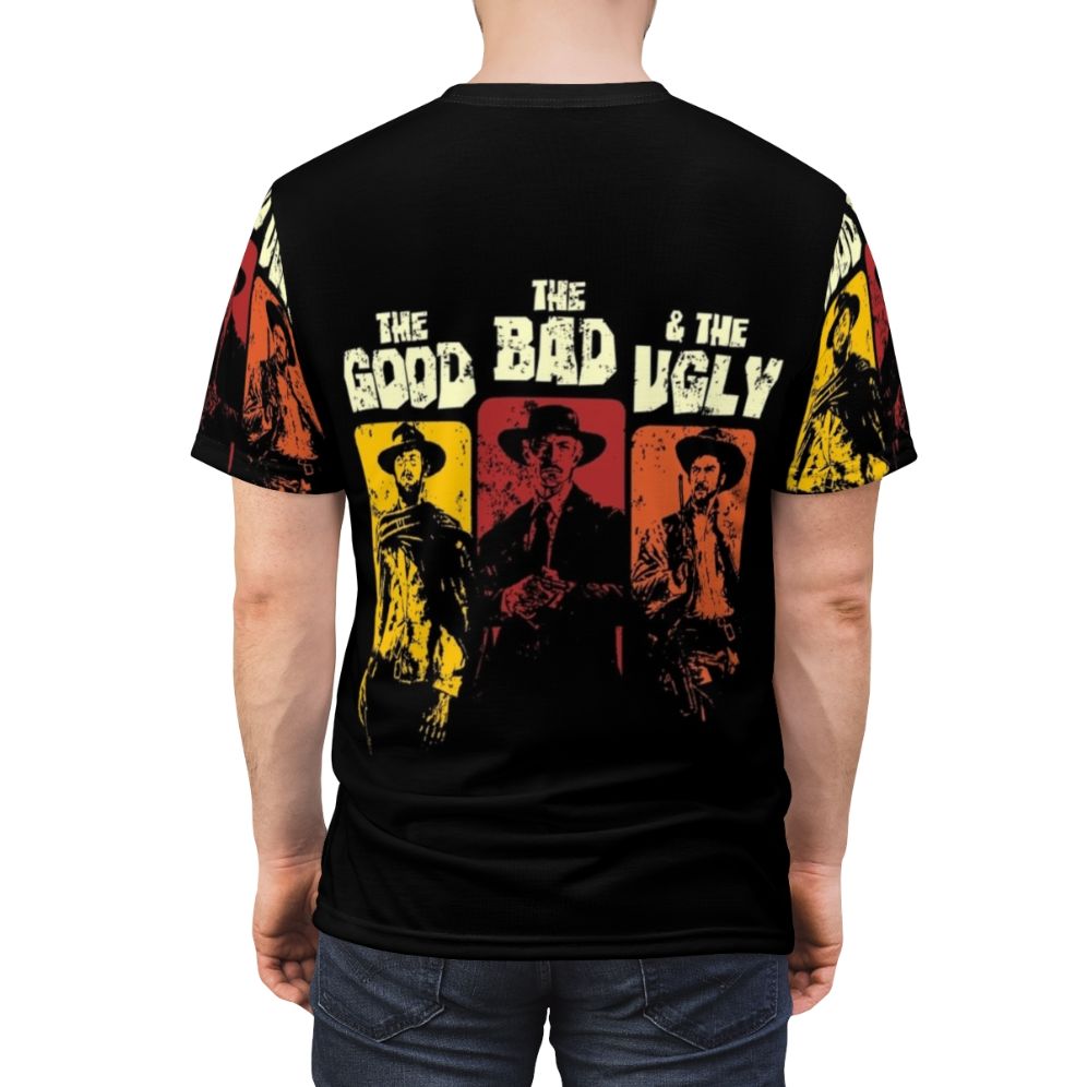 Vintage western-inspired t-shirt featuring "The Good, The Bad, The Ugly" movie characters and iconography - men back