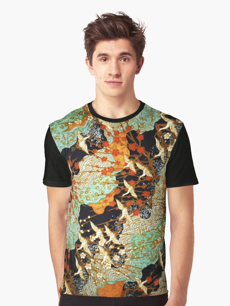 Colorful graphic t-shirt featuring flying cranes and spring flowers in a Japanese-inspired floral pattern - Men