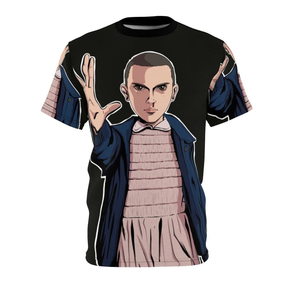 Illustration of Eleven from the Netflix series Stranger Things on an all-over-print t-shirt.