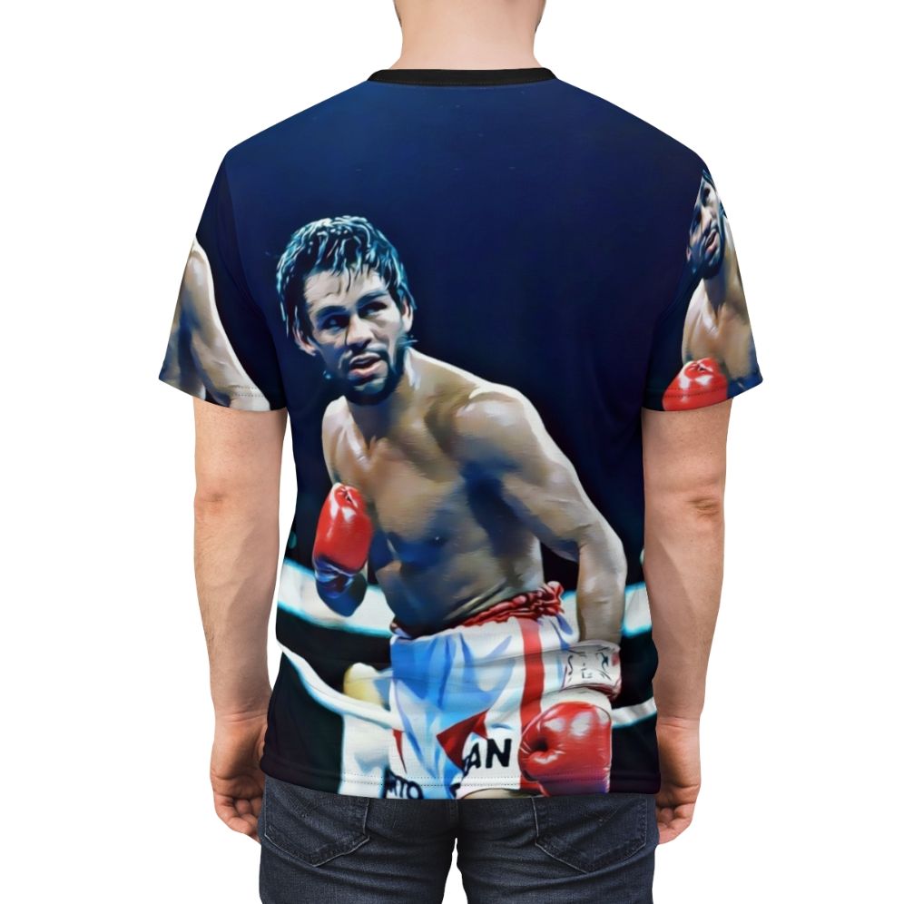 Graphic t-shirt featuring a portrait of legendary boxer Roberto Duran, nicknamed "Hands of Stone" - men back