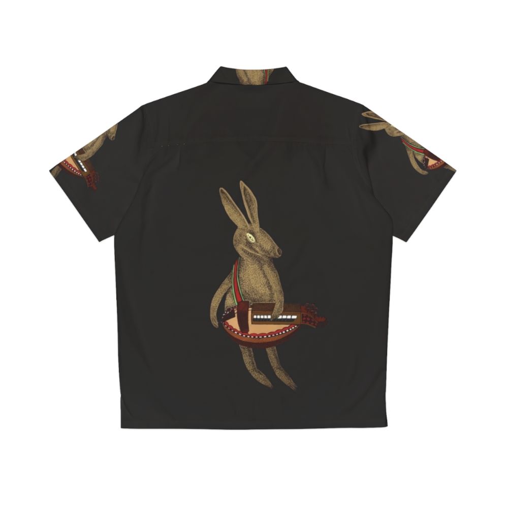 Hare playing the hurdy gurdy on a kids' Hawaiian shirt - Back