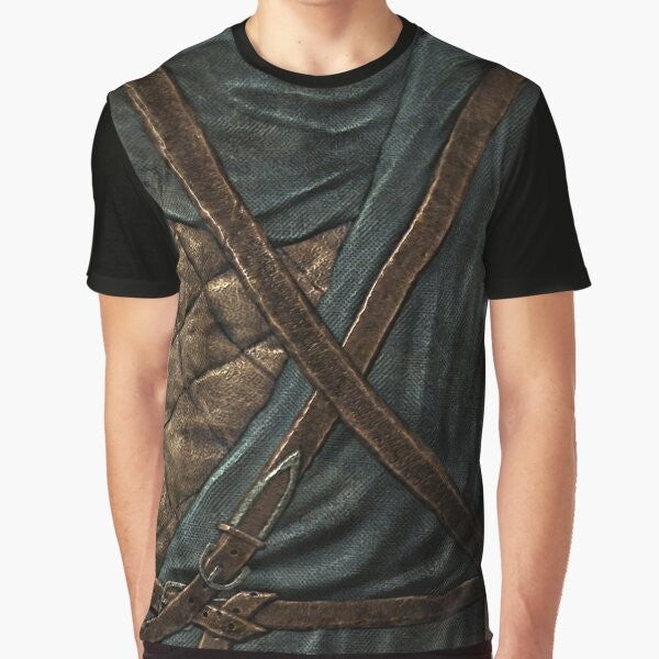 Stormcloak cuirass graphic design on a t-shirt for fans of Skyrim and The Elder Scrolls video game series.