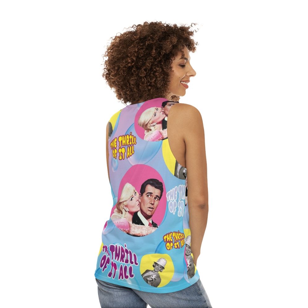 Retro 60s comedy unisex tank top with "The Thrill of It All" movie design - women back