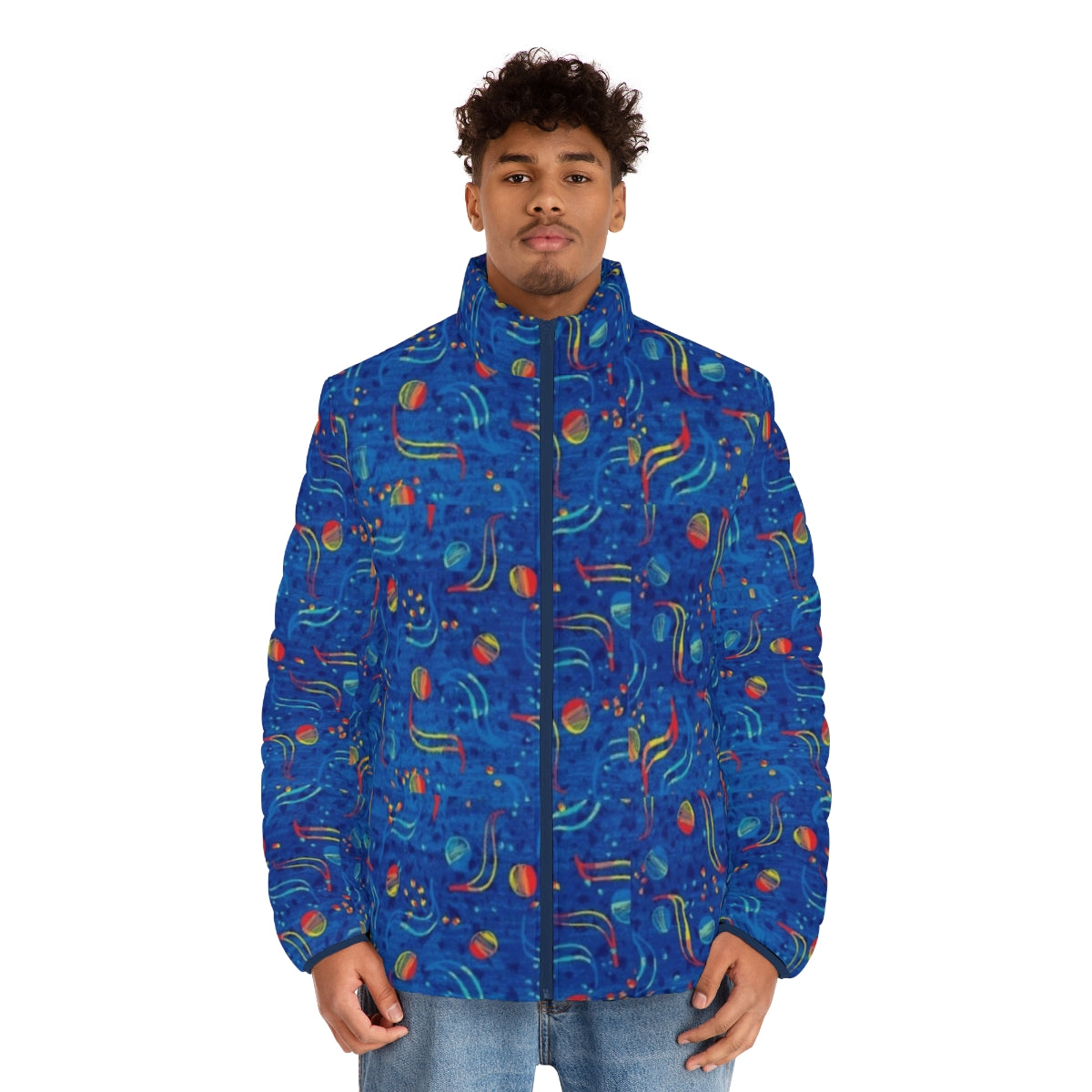 Dubstep-inspired puffer jacket with graphic design elements - men front