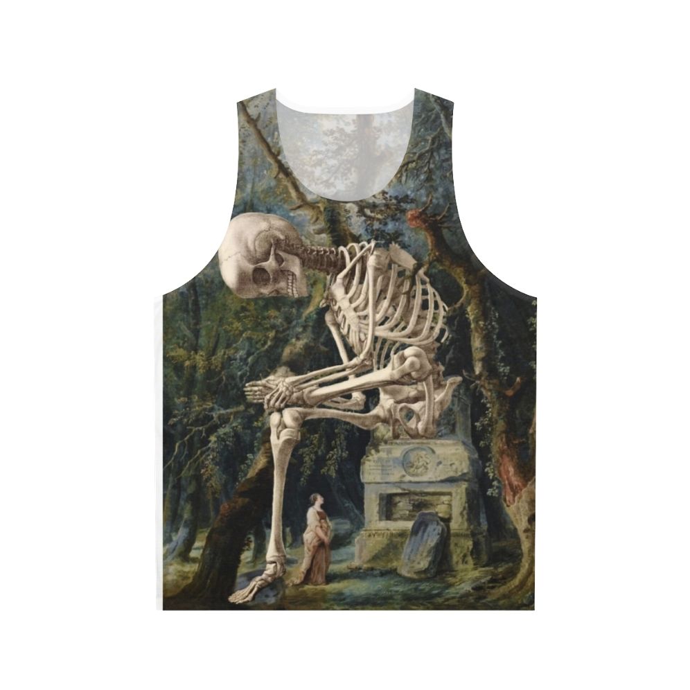 Surreal art unisex tank top featuring an illustration of a skull and skeleton