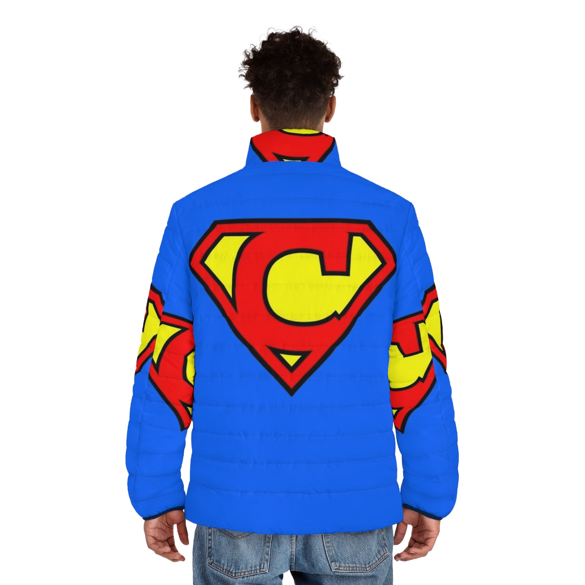 Letter C Super Letter Puffer Jacket with Superhero Design - men back