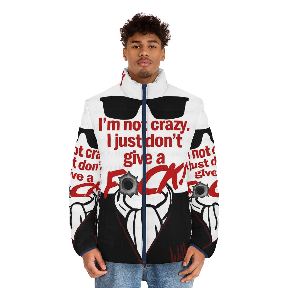 "I'm Not Crazy" Retro 80s Puffer Jacket with Night of the Comet Inspired Design - men front