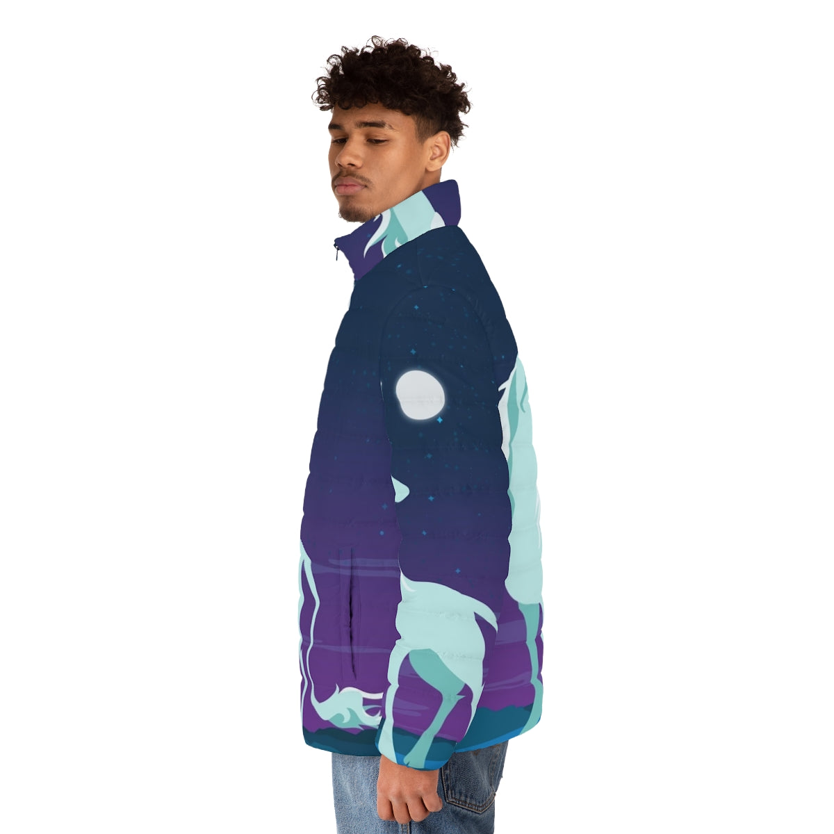 Cozy and whimsical unicorn-themed puffer jacket - men side left