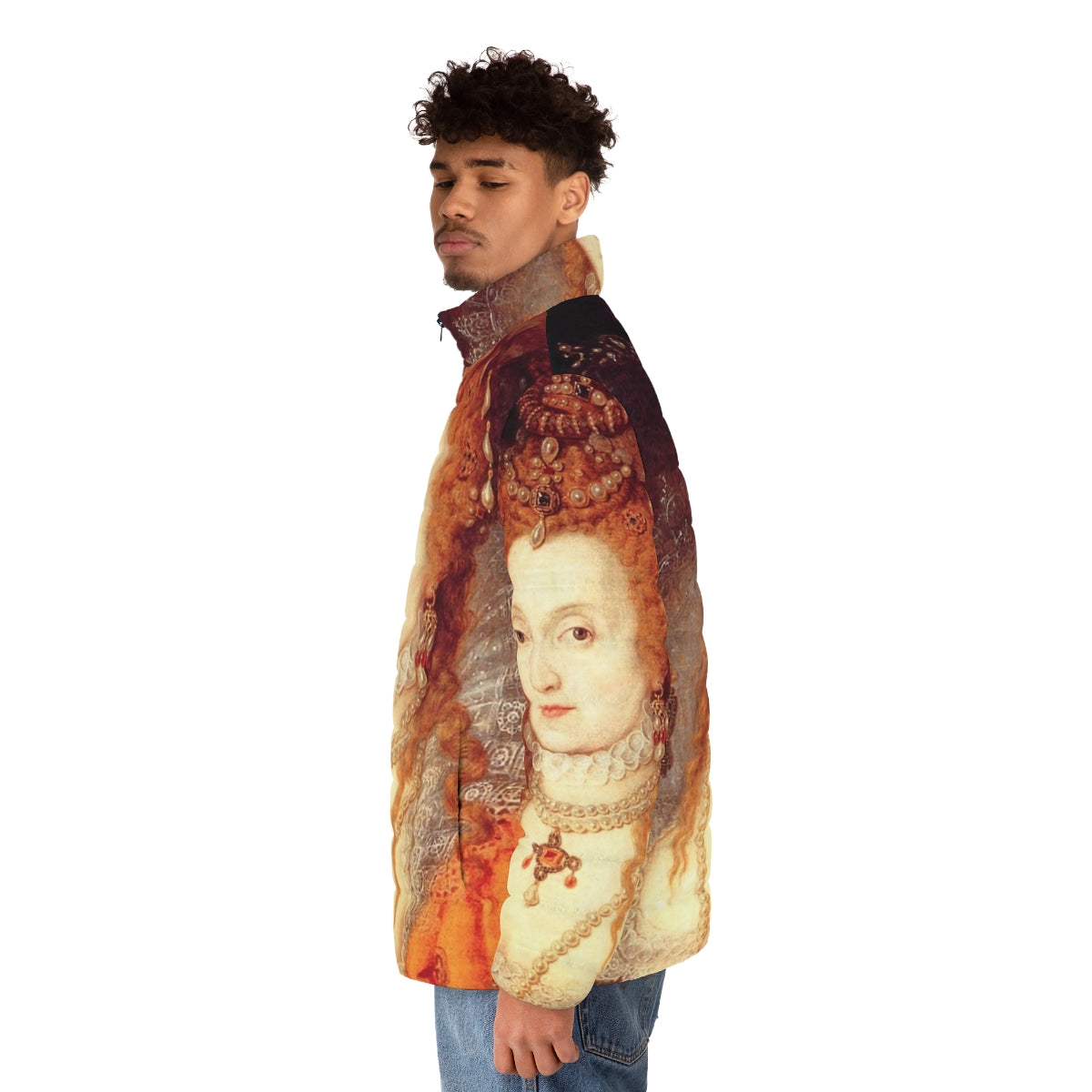 Elizabeth I portrait puffer jacket featuring a vibrant historical design - men side left