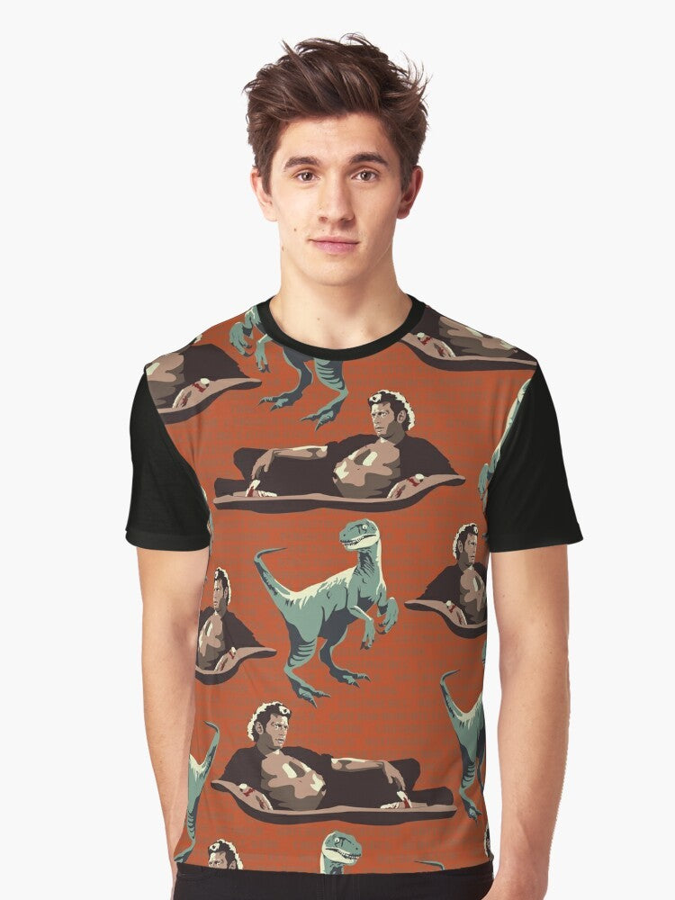 Jurassic Geniuses Graphic T-Shirt featuring a Jurassic Park inspired design with dinosaur DNA sequence pattern and Jeff Goldblum's character. - Men