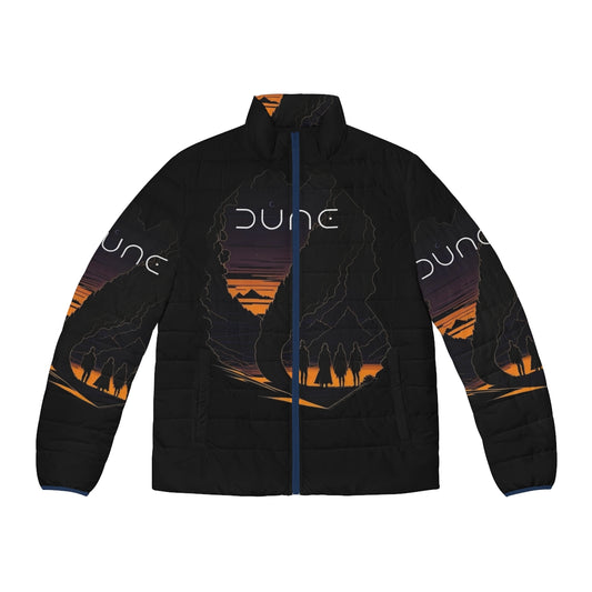 Dune-inspired puffer jacket with Atreides crest and desert-themed design