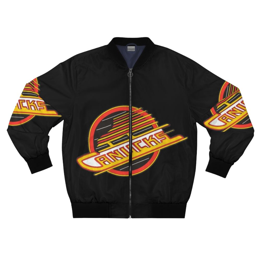 Vancouver Canucks retro hockey-themed bomber jacket featuring the team's iconic logo and colors