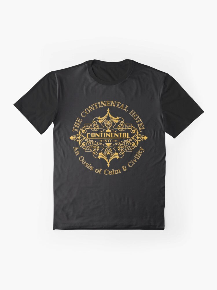 Stylish graphic t-shirt featuring the iconic Continental Hotel from the John Wick movie franchise, starring Keanu Reeves. - Flat lay