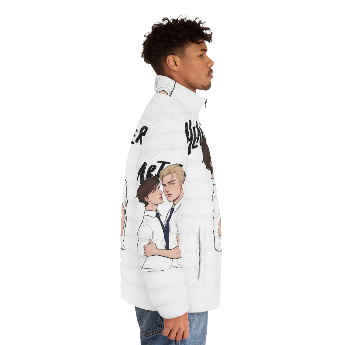 Heartstopper Nick and Charlie inspired puffer jacket featuring the characters from the hit Netflix series - men side right