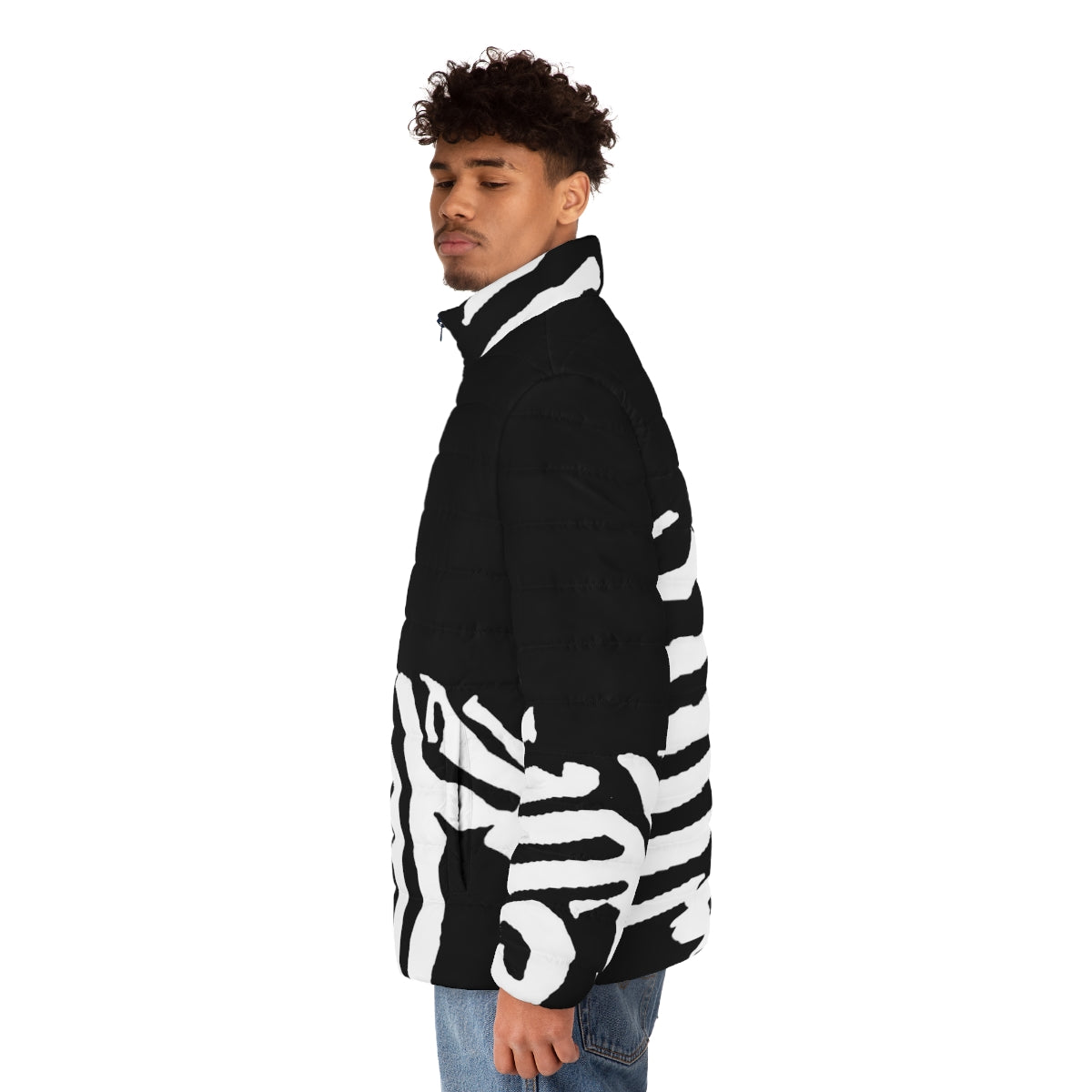 Zebra pleco puffer jacket, stylish fish apparel for aquarium hobbyists - men side left