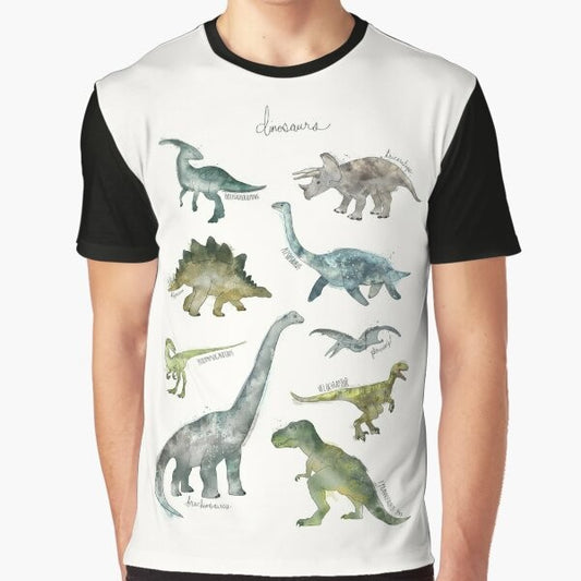 Dinosaur graphic t-shirt featuring a collection of dinosaur species