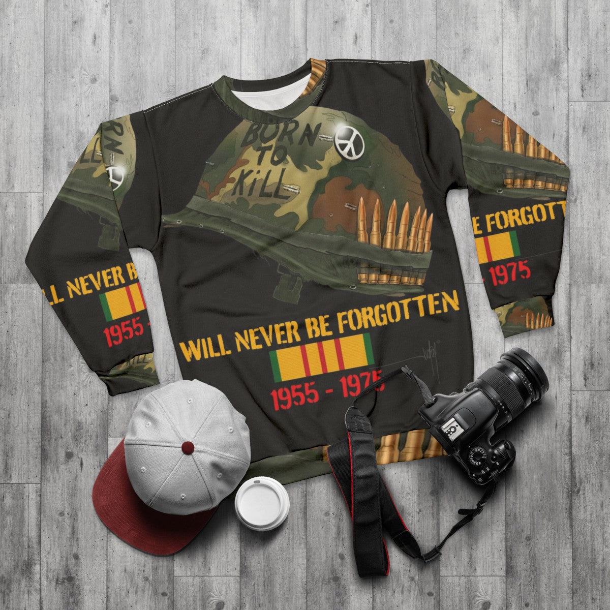 Never Forgotten Military Veteran Memorial Tribute Sweatshirt - flat lay