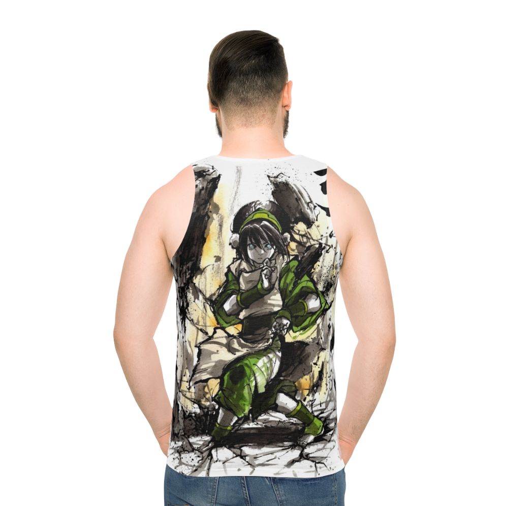 Toph from Avatar the Last Airbender depicted in sumi ink and watercolor art on a unisex tank top - men back