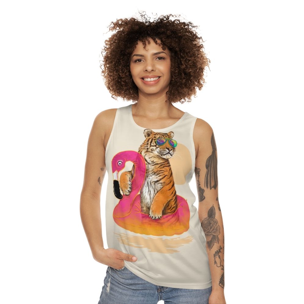 Tropical flamingo and tiger unisex tank top - women