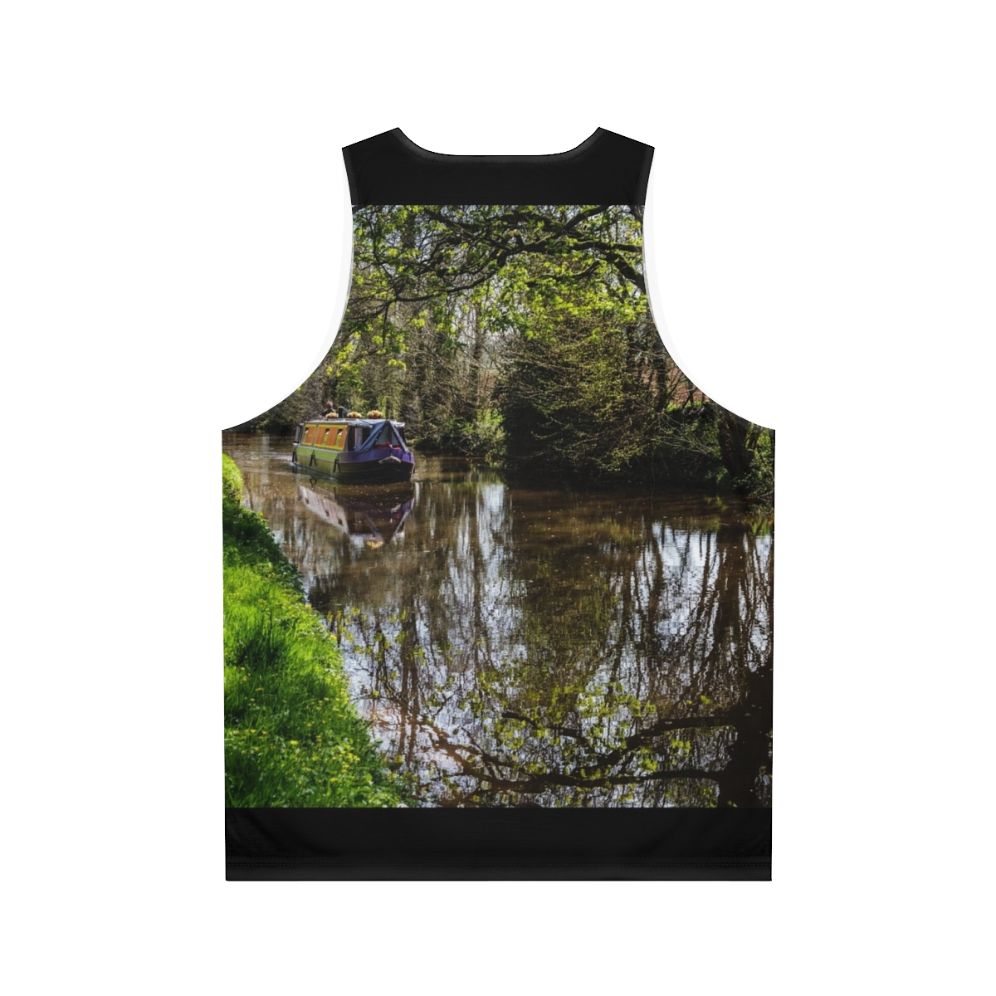 Unisex tank top with a peaceful canal barge scene - Back