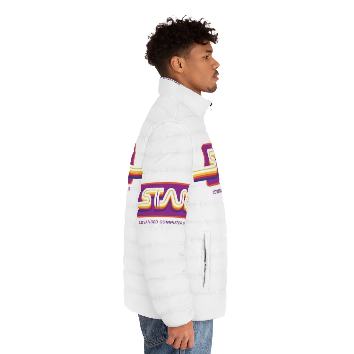 1980s Stark Technologies Computer Graphics Puffer Jacket with retro gaming graphics - men side right