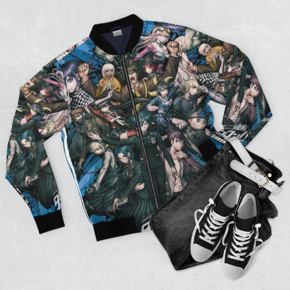 Danganronpa V3 Killing Harmony Bomber Jacket featuring characters Kokichi Ouma and Rantaro Amami - Flat lay