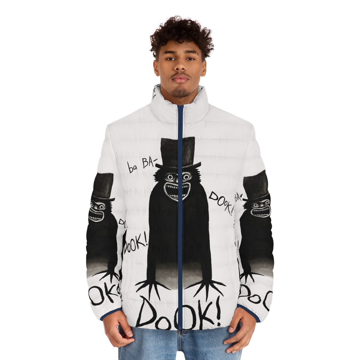 Babadook puffer jacket, horror-inspired puffer jacket with Babadook design - men front