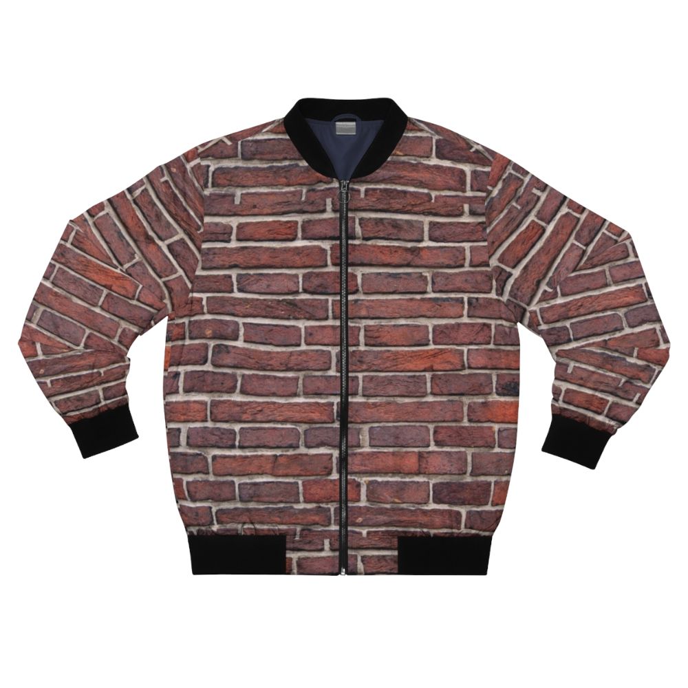 A bomber jacket with a textured brick wall design, showcasing an industrial and architectural style.