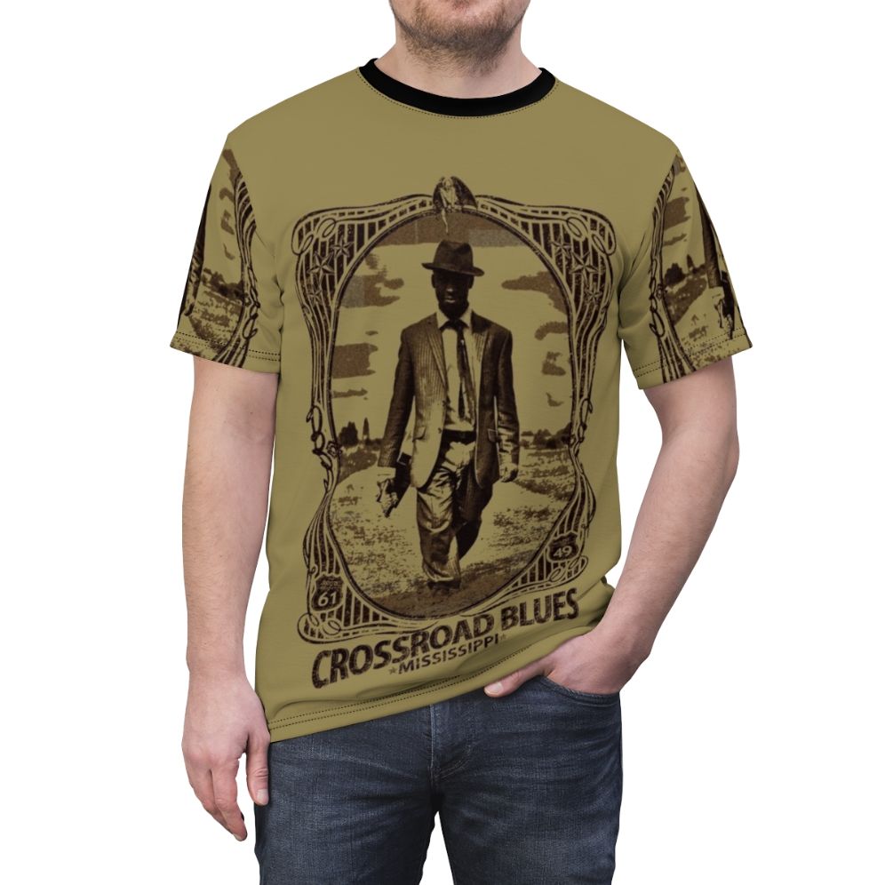 Crossroads blues-inspired t-shirt with graphic artwork representing the legendary Robert Johnson and delta blues music. - men front