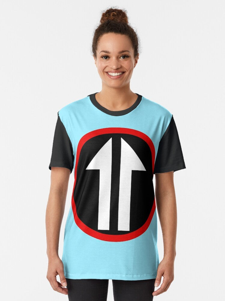 A vintage-inspired graphic t-shirt featuring The Who's Roger Daltrey and mod arrows from the 1960s. - Women