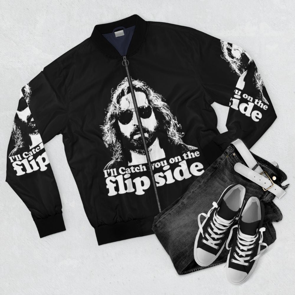 Boondock Saints Rocco Bomber Jacket with "Catch You on the Flip Side" White Print - Flat lay