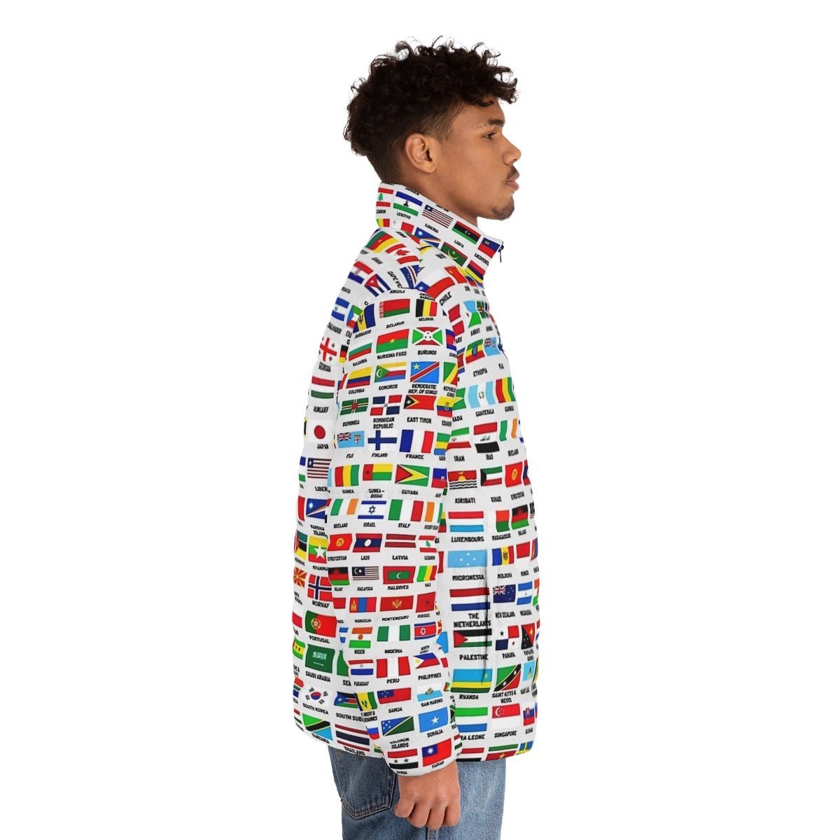 Vintage Flags of the World Puffer Jacket featuring a colorful world map design - men side right