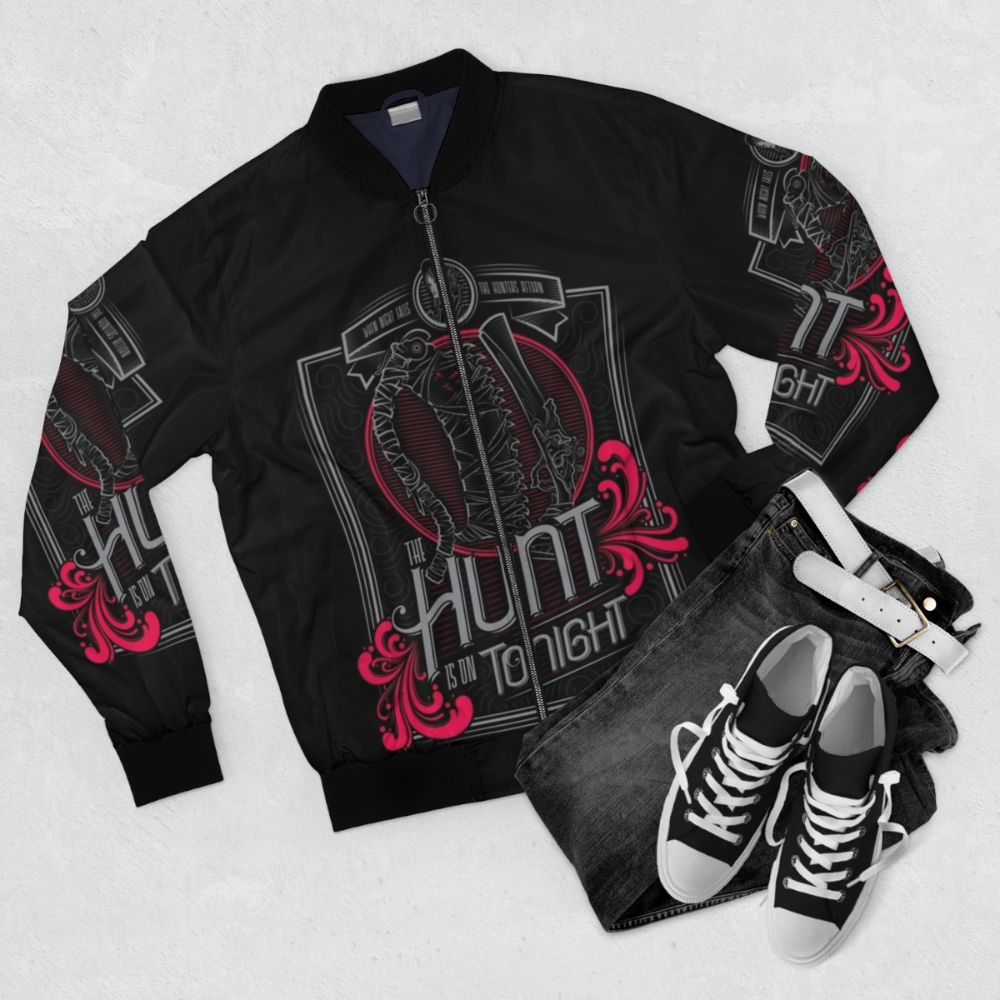 Gothic-inspired bomber jacket with dark video game influences from Bloodborne and Dark Souls - Flat lay