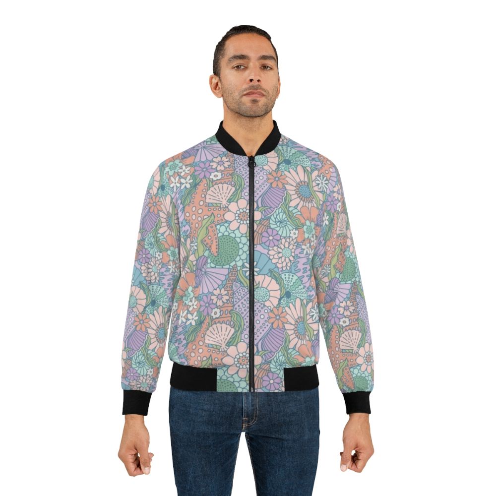 Mermaid Cove Floral Seashell Bomber Jacket with ocean-inspired design featuring shells, starfish, and whimsical floral patterns - Lifestyle