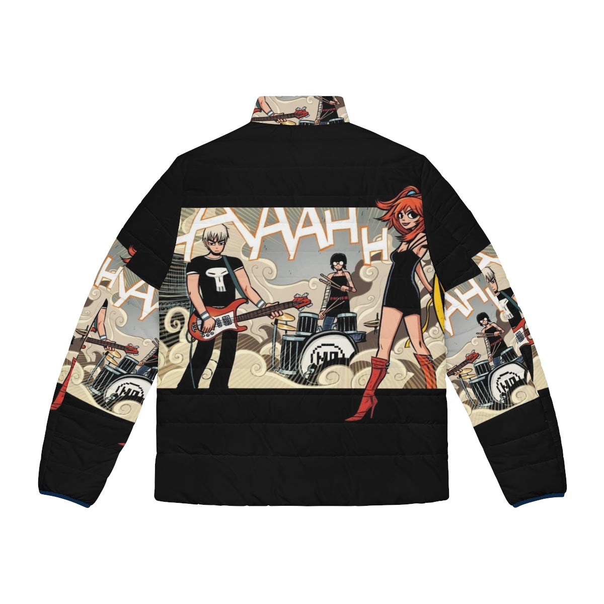 The Clash At Demonhead vegan puffer jacket, featuring retro 80s indie rock band design - Back