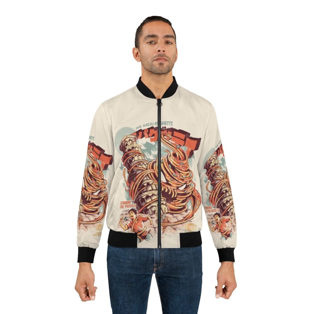 A retro-inspired bomber jacket featuring a graphic of a spaghetti monster, or "kaiju". - Lifestyle