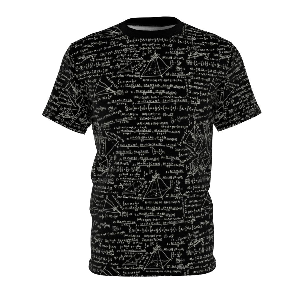 Closeup of a t-shirt featuring various mathematical equations and physics symbols