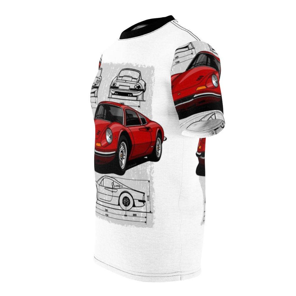 Illustration of an iconic Ferrari Dino 206 GTB sports car on a t-shirt - men left