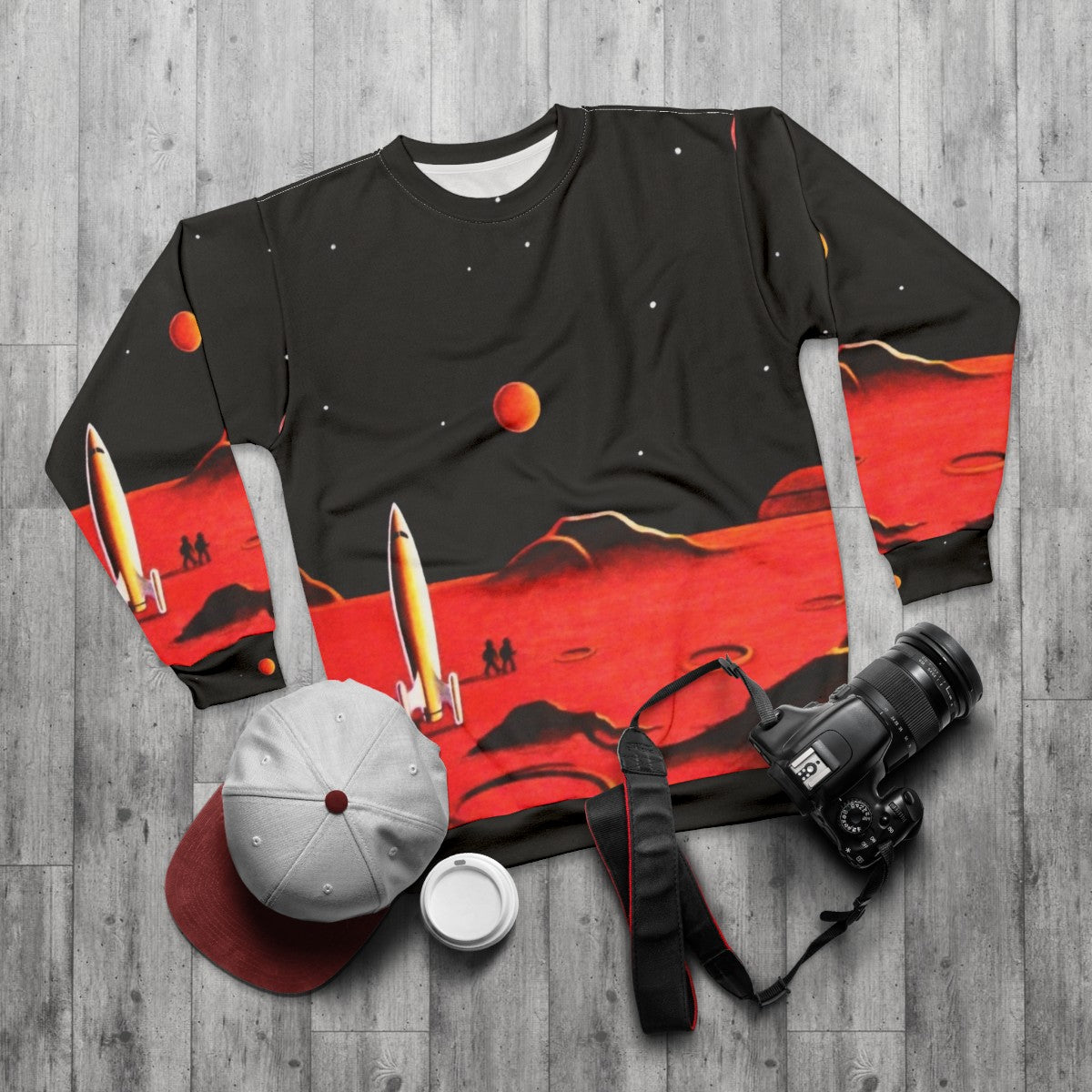 Retro-styled sweatshirt featuring a futuristic city on the planet Mars - flat lay