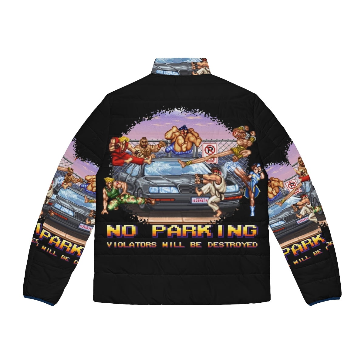 Retro 8-bit pixel art puffer jacket with "No Parking Violators Will Be Destroyed" text - Back