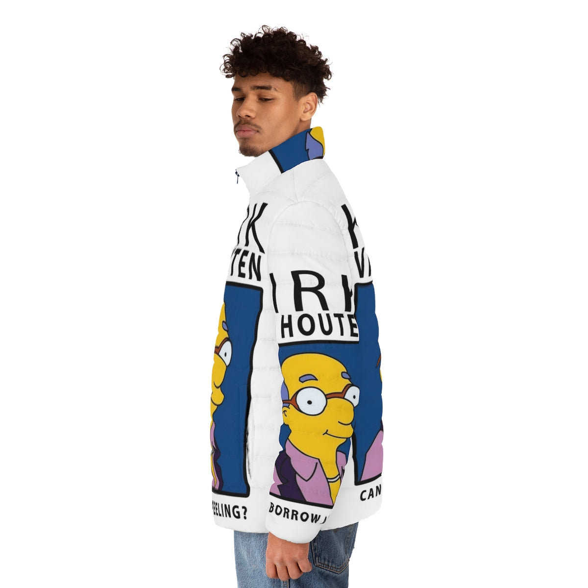 A puffer jacket featuring the iconic "Borrow a Feeling" quote from The Simpsons character Kirk Van Houten. - men side left