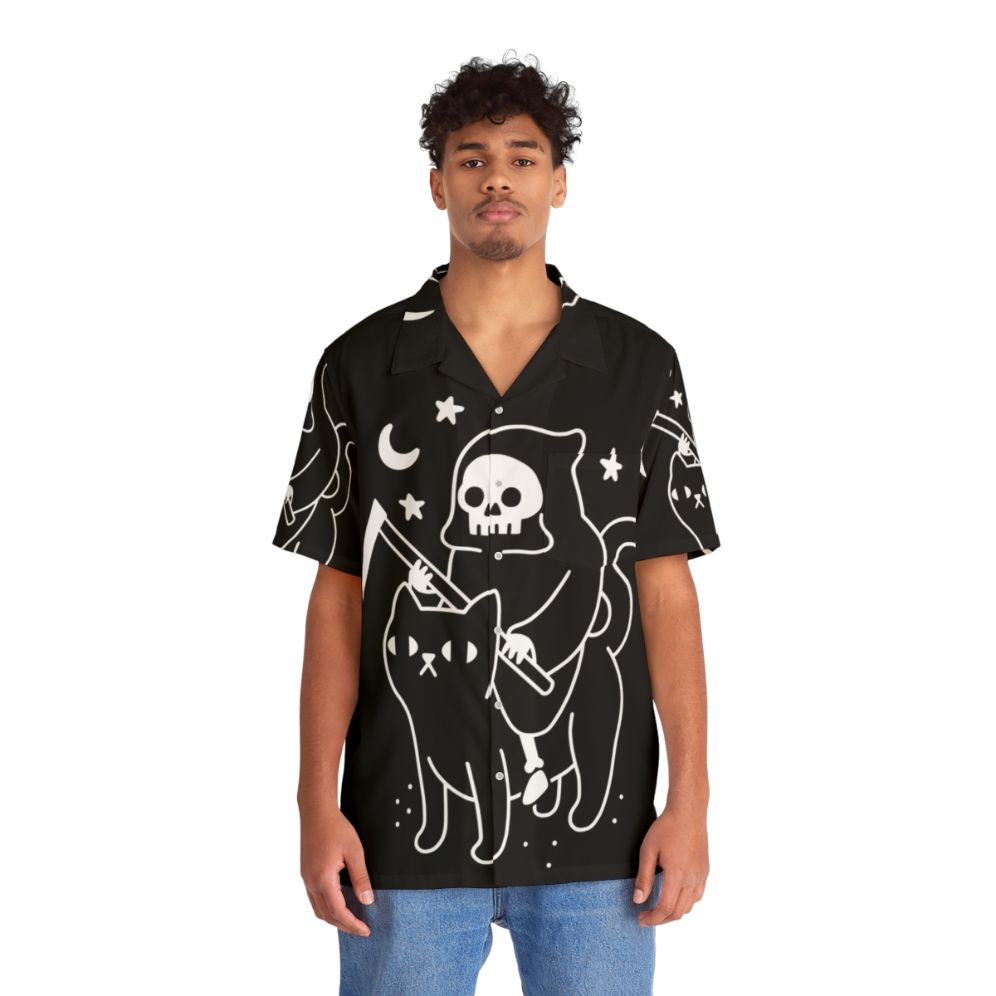 Spooky black cat Hawaiian shirt with skull and grim reaper design - People Front