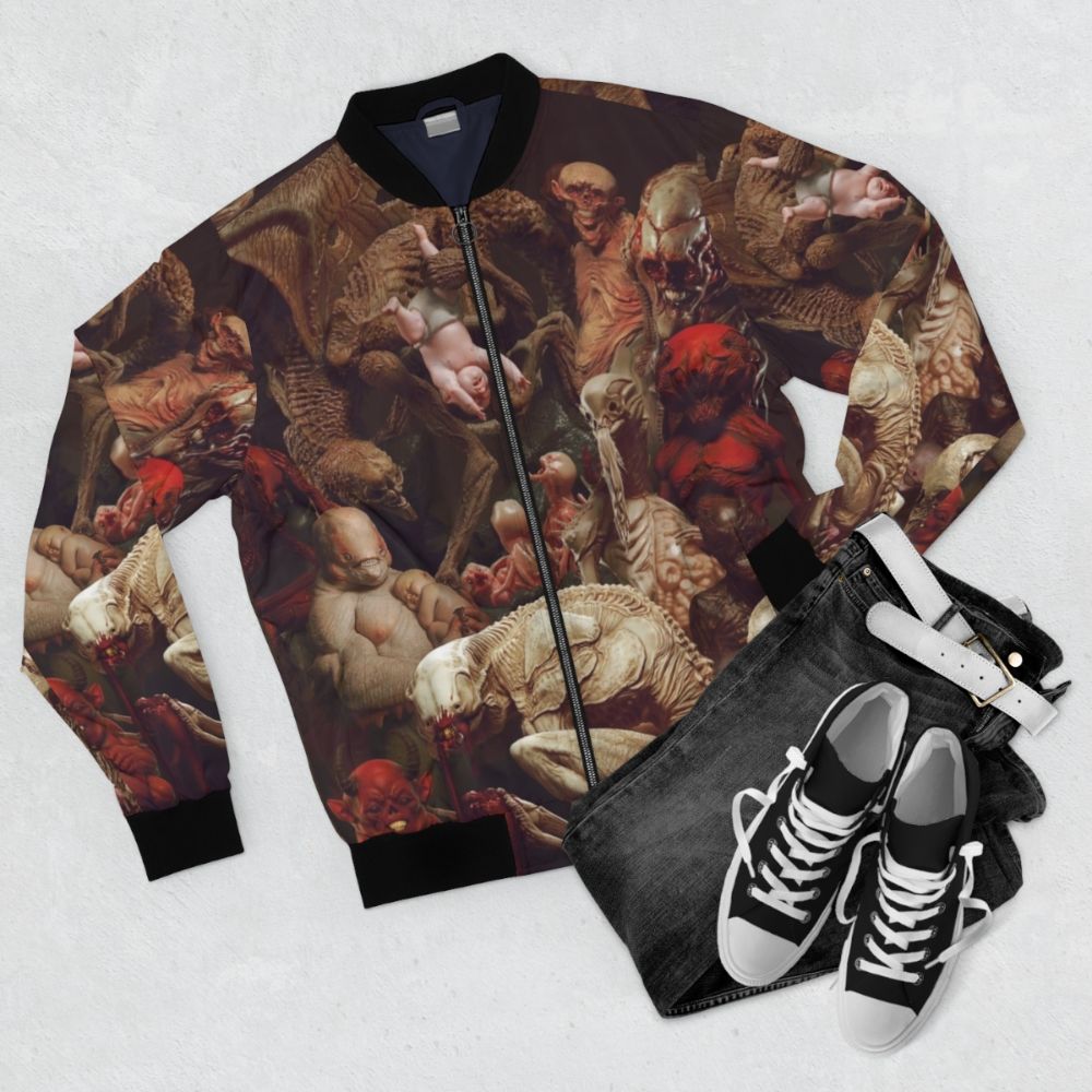 Horror and sci-fi inspired bomber jacket with Carlesimo's original artwork - Flat lay